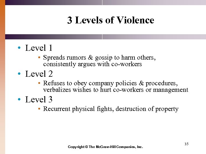 3 Levels of Violence • Level 1 • Spreads rumors & gossip to harm