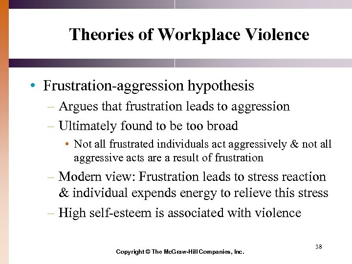 Theories of Workplace Violence • Frustration-aggression hypothesis – Argues that frustration leads to aggression