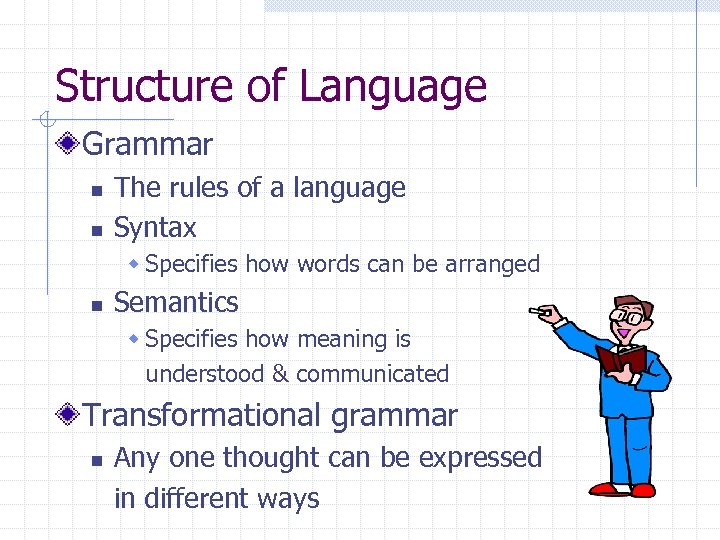 Structure of Language Grammar n n The rules of a language Syntax w Specifies