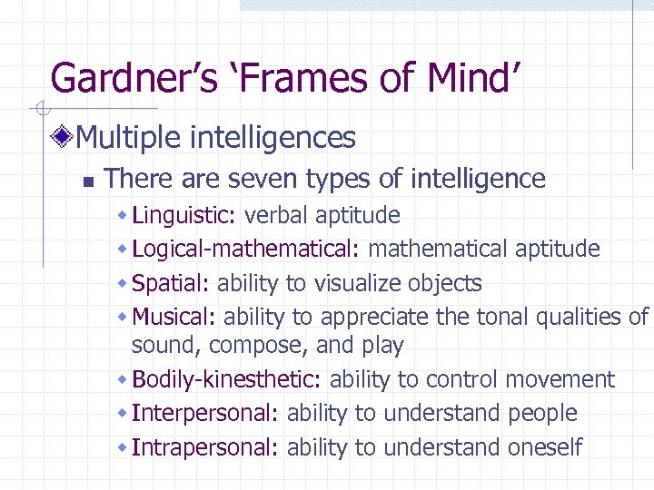 Gardner’s ‘Frames of Mind’ Multiple intelligences n There are seven types of intelligence w