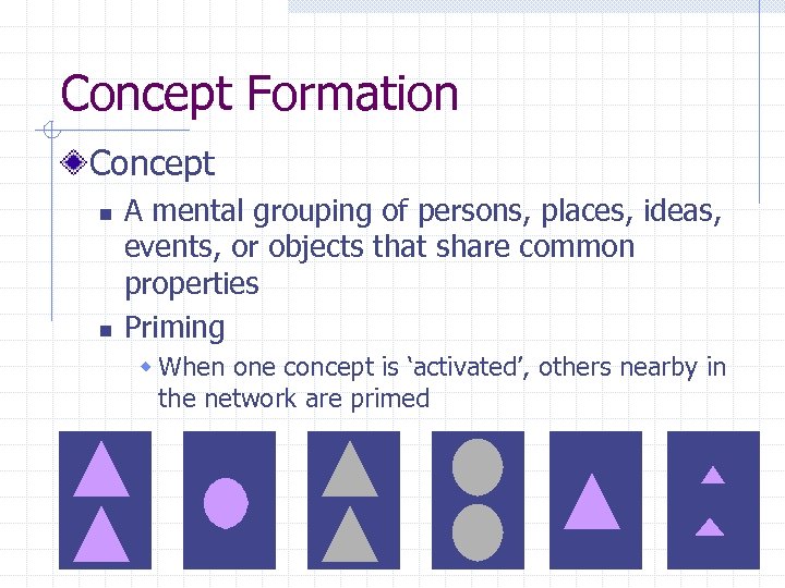 Concept Formation Concept n n A mental grouping of persons, places, ideas, events, or