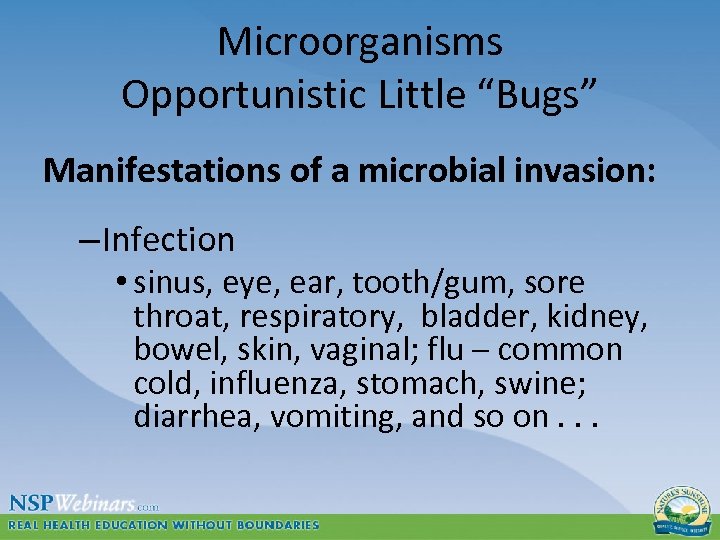Microorganisms Opportunistic Little “Bugs” Manifestations of a microbial invasion: – Infection • sinus, eye,