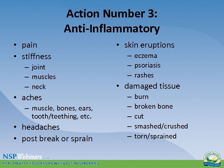 Action Number 3: Anti-Inflammatory • pain • stiffness – joint – muscles – neck