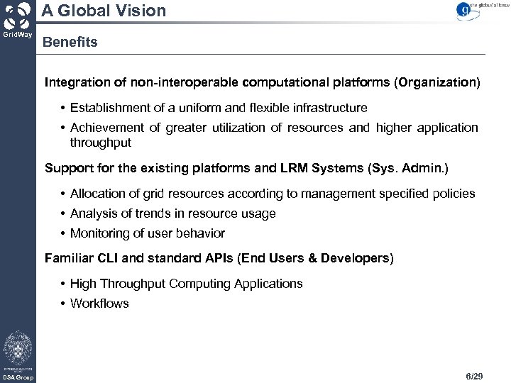 A Global Vision Grid. Way Benefits Integration of non-interoperable computational platforms (Organization) • Establishment