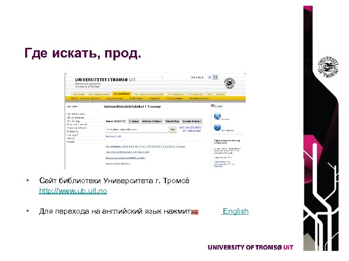 Где искать, прод. • Сайт библиотеки Университета г. Тромсë http: //www. ub. uit. no