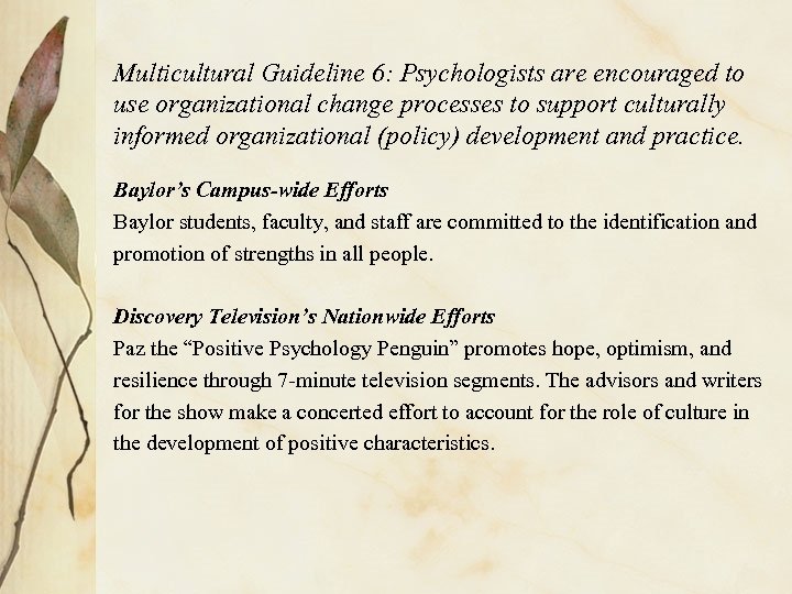 Multicultural Guideline 6: Psychologists are encouraged to use organizational change processes to support culturally