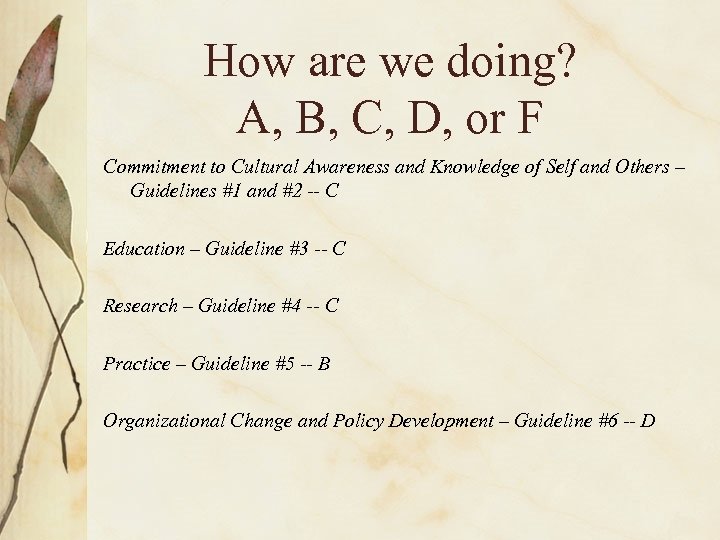 How are we doing? A, B, C, D, or F Commitment to Cultural Awareness