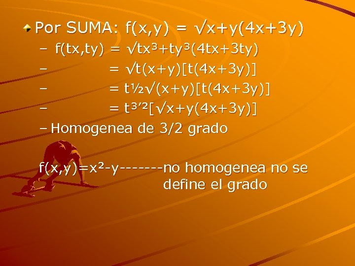 Por SUMA: f(x, y) = √x+y(4 x+3 y) – f(tx, ty) = √tx³+ty³(4 tx+3