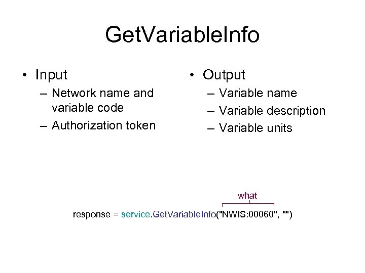Get. Variable. Info • Input • Output – Network name and variable code –