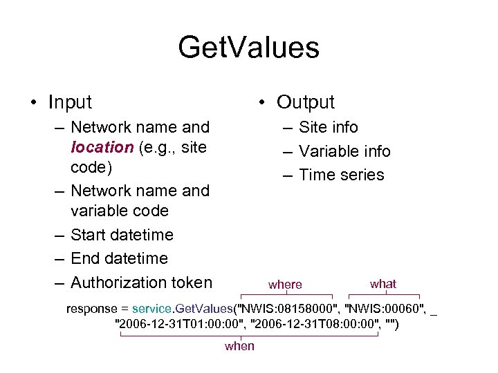 Get. Values • Input • Output – Network name and location (e. g. ,