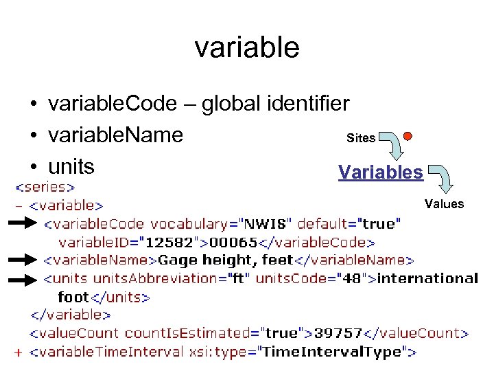 variable • variable. Code – global identifier • variable. Name Sites • units Variables