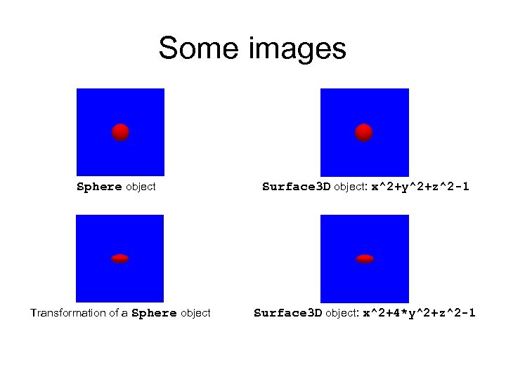 Some images Sphere object Transformation of a Sphere object Surface 3 D object: x^2+y^2+z^2