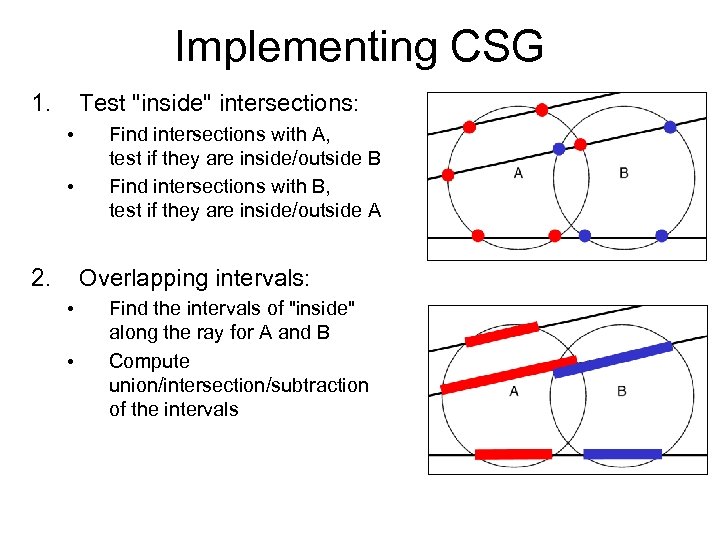 Implementing CSG 1. Test "inside" intersections: • • 2. Find intersections with A, test