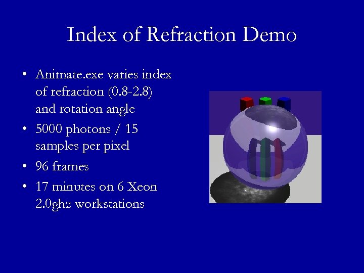 Index of Refraction Demo • Animate. exe varies index of refraction (0. 8 -2.