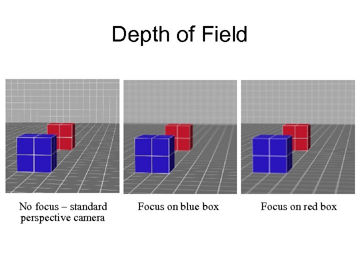 Depth of Field No focus – standard perspective camera Focus on blue box Focus