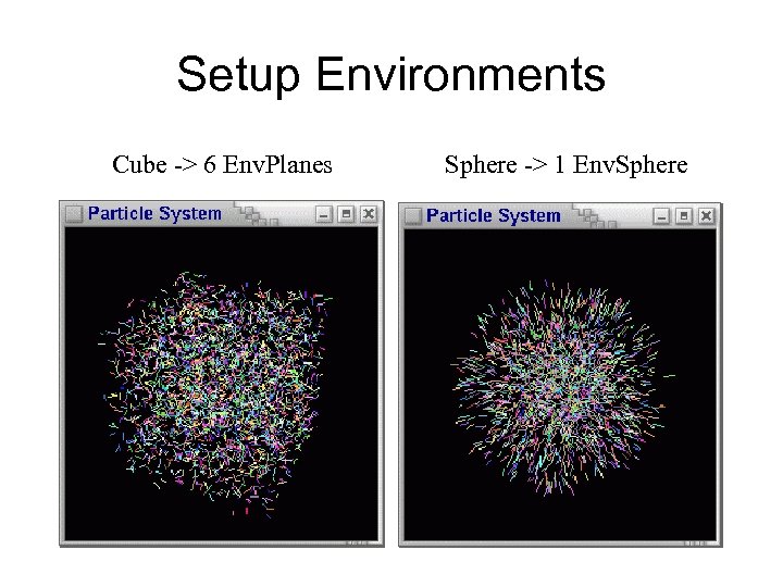 Setup Environments Cube -> 6 Env. Planes Sphere -> 1 Env. Sphere 