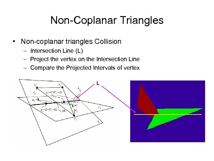 Non-Coplanar Triangles • Non-coplanar triangles Collision – Intersection Line (L) – Project the vertex