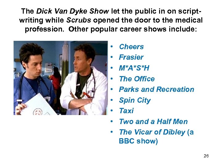 The Dick Van Dyke Show let the public in on scriptwriting while Scrubs opened
