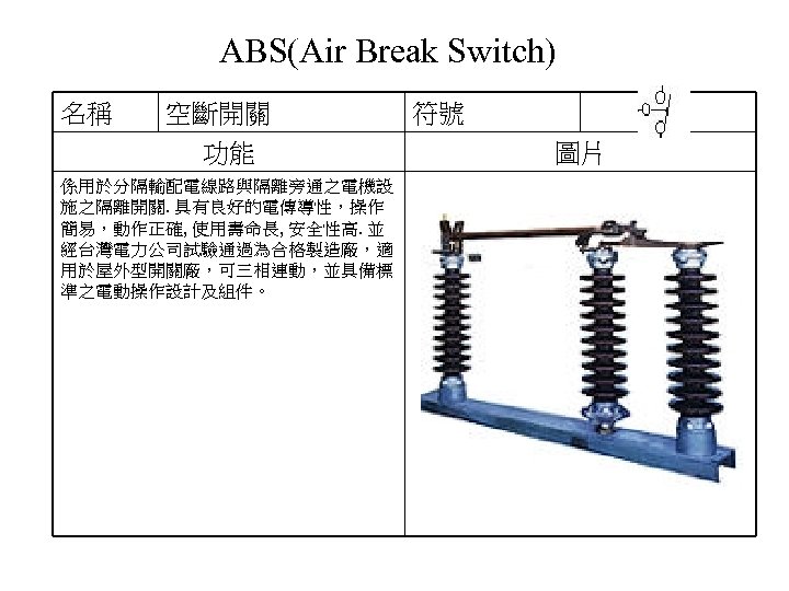 ABS(Air Break Switch) 名稱 空斷開關 功能 係用於分隔輸配電線路與隔離旁通之電機設 施之隔離開關. 具有良好的電傳導性，操作 簡易，動作正確, 使用壽命長, 安全性高. 並 經台灣電力公司試驗通過為合格製造廠，適