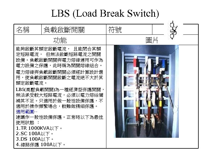 LBS (Load Break Switch) 名稱 負載啟斷開關 功能 能夠啟斷其額定啟斷電流， 且能閉合其額 定短路電流， 但無法啟斷短路電流之開關 設備。負載啟斷開關與電力熔線連用可作為 電力設備之保護，此時稱為開關熔線組合。 電力熔線與負載啟斷開關必須經計算設計選