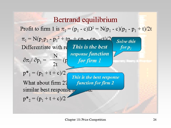 Bertrand equilibrium Profit to firm 1 is p 1 = (p 1 - c)D