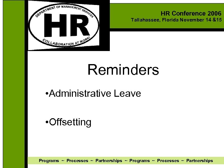 HR Conference 2006 Tallahassee, Florida November 14 &15 Reminders • Administrative Leave • Offsetting