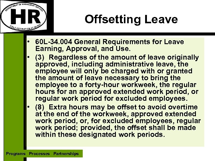 Offsetting Leave • 60 L-34. 004 General Requirements for Leave Earning, Approval, and Use.