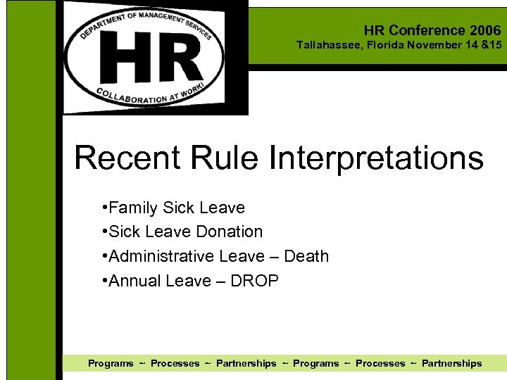 HR Conference 2006 Tallahassee, Florida November 14 &15 Recent Rule Interpretations • Family Sick