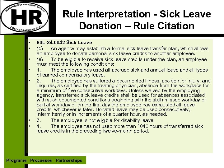 Rule Interpretation - Sick Leave Donation – Rule Citation • • 60 L-34. 0042