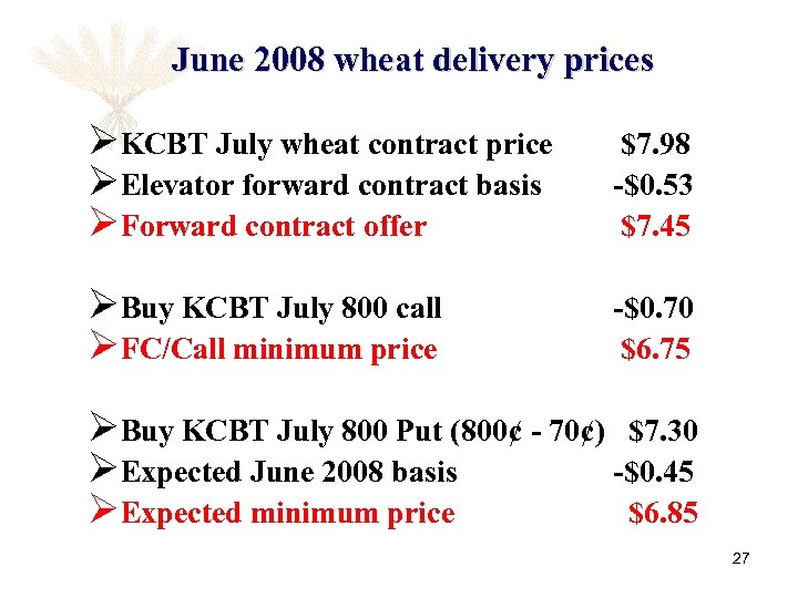 June 2008 wheat delivery prices ØKCBT July wheat contract price ØElevator forward contract basis