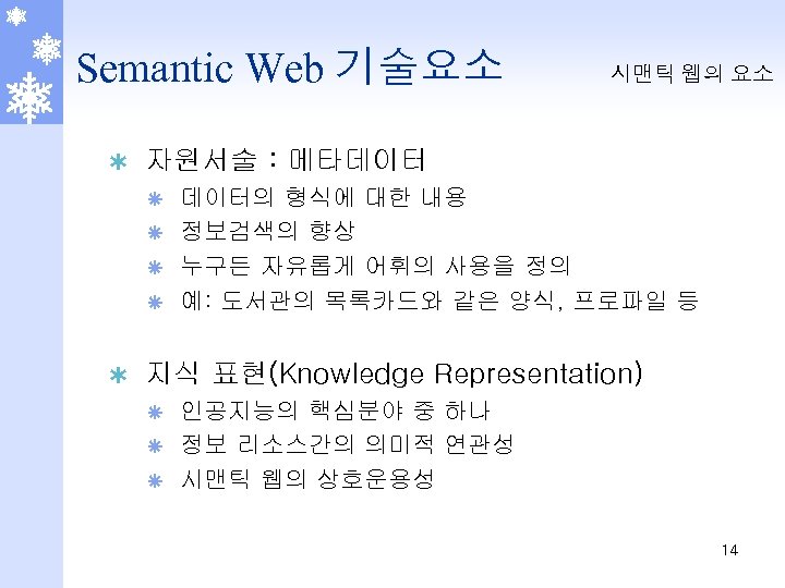 Semantic Web 기술요소 Ý 시맨틱 웹의 요소 자원서술 : 메타데이터 데이터의 형식에 대한 내용