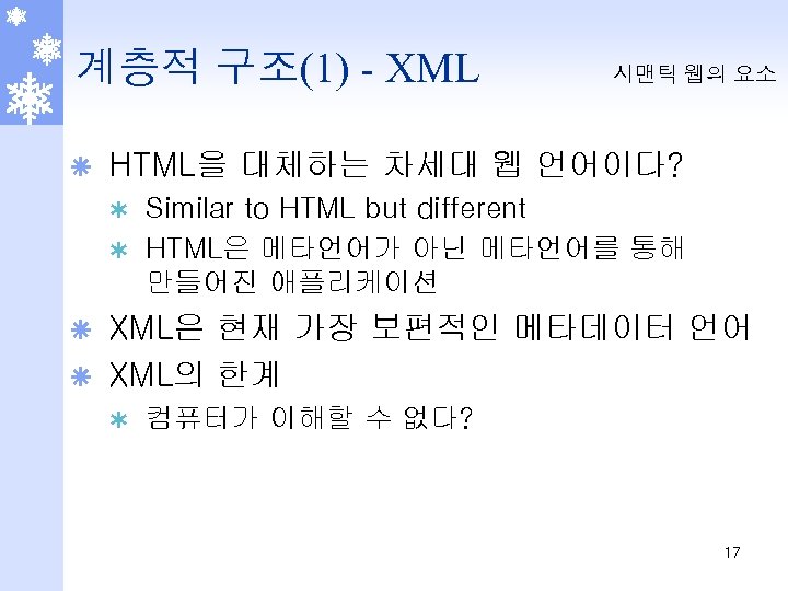 계층적 구조(1) - XML ã 시맨틱 웹의 요소 HTML을 대체하는 차세대 웹 언어이다? Similar