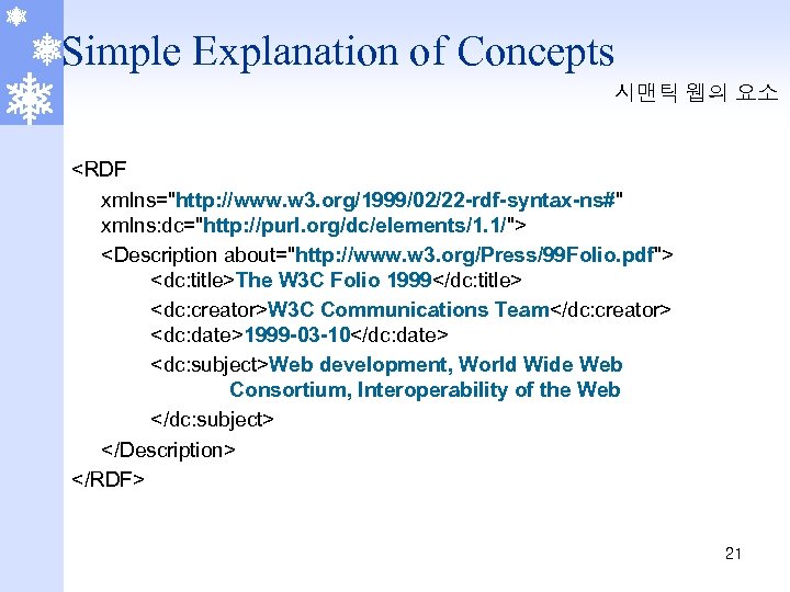 Simple Explanation of Concepts 시맨틱 웹의 요소 <RDF xmlns="http: //www. w 3. org/1999/02/22 -rdf-syntax-ns#"