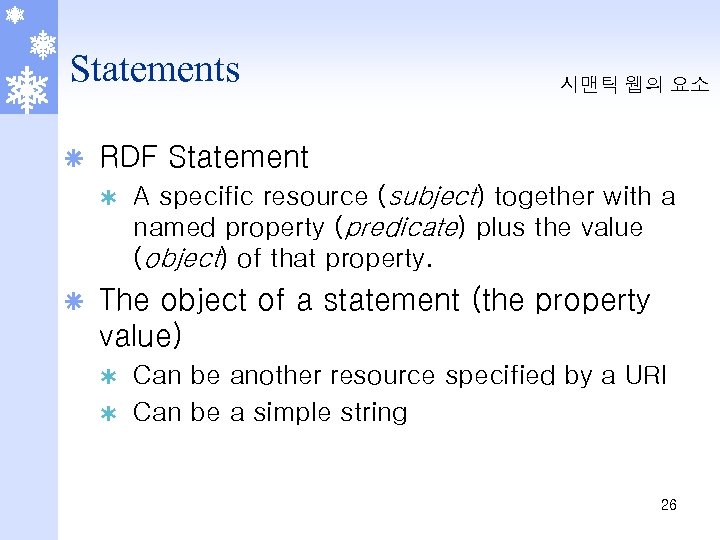 Statements ã RDF Statement Ý ã 시맨틱 웹의 요소 A specific resource (subject) together