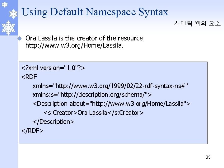 Using Default Namespace Syntax 시맨틱 웹의 요소 ã Ora Lassila is the creator of