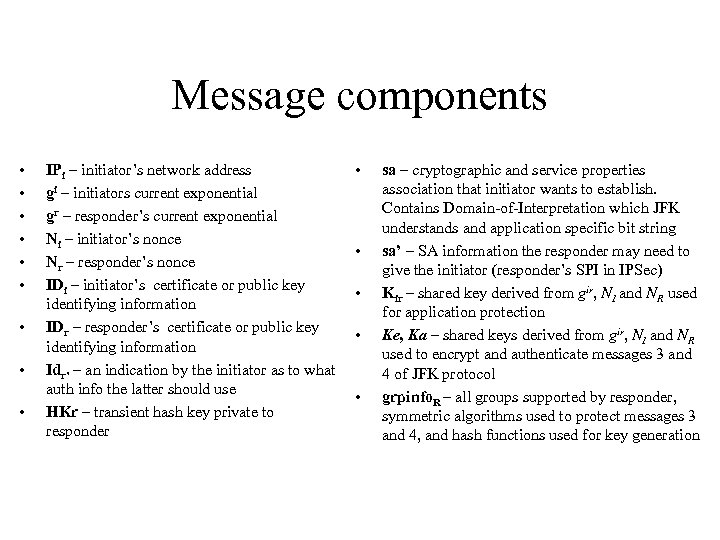 Message components • • • IPi – initiator’s network address gi – initiators current