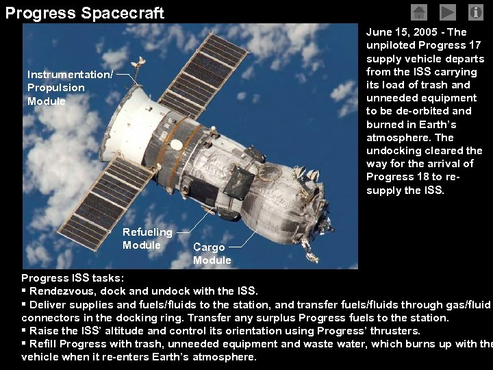 Progress Spacecraft June 15, 2005 - The unpiloted Progress 17 supply vehicle departs from