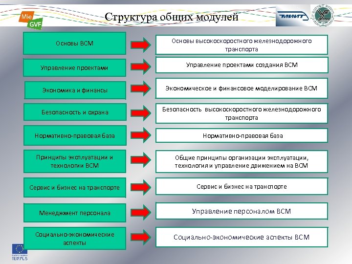 Структура общих модулей Основы высокоскоростного железнодорожного транспорта Управление проектами создания ВСМ Экономика и финансы