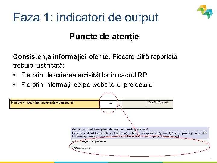 Faza 1: indicatori de output Puncte de atenție Consistența informației oferite. Fiecare cifră raportată