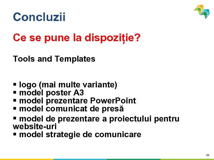 Concluzii Ce se pune la dispoziție? Tools and Templates logo (mai multe variante) model