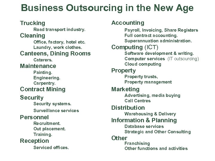 Business Outsourcing in the New Age Trucking v Road transport industry. Cleaning v v