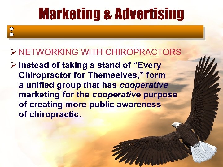 Marketing & Advertising Ø NETWORKING WITH CHIROPRACTORS Ø Instead of taking a stand of