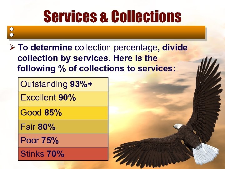 Services & Collections Ø To determine collection percentage, divide collection by services. Here is