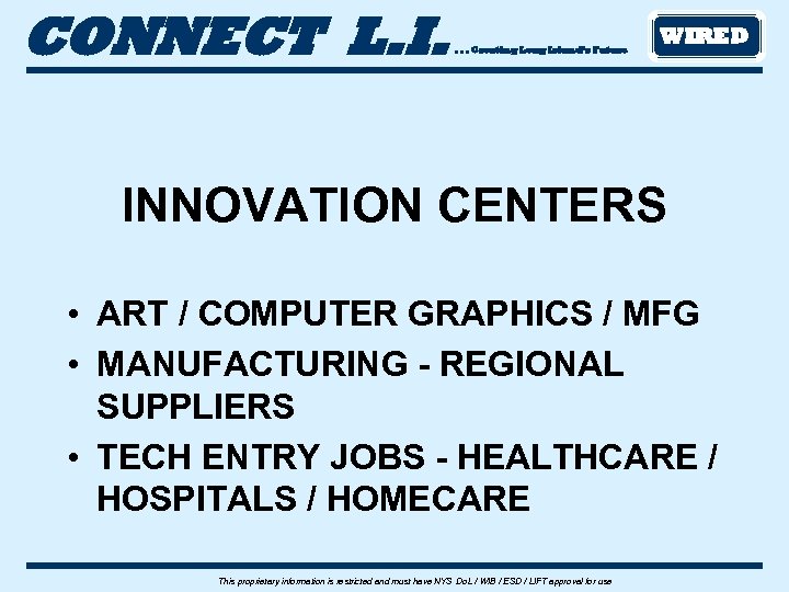 CONNECT L. I. . Creating Long Island’s Future WIRED INNOVATION CENTERS • ART /