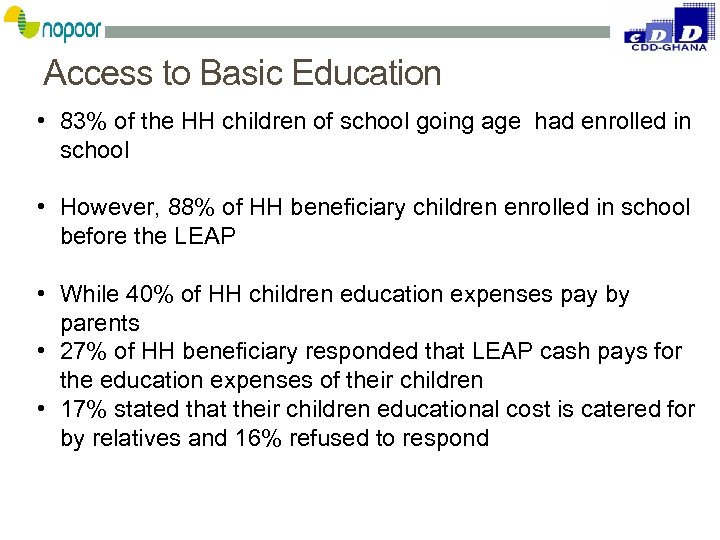 Access to Basic Education • 83% of the HH children of school going age