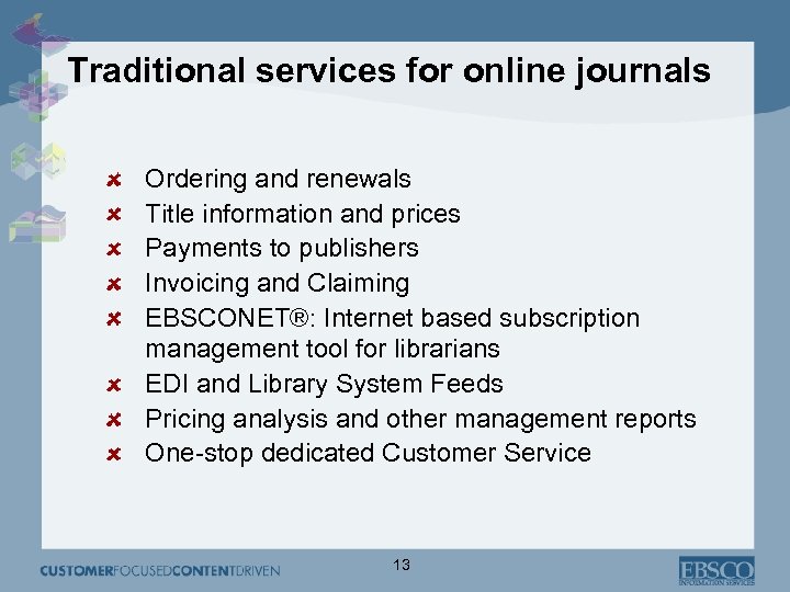 Traditional services for online journals Ordering and renewals Title information and prices Payments to
