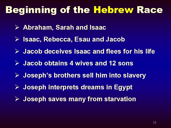 Beginning of the Hebrew Race Ø Abraham, Sarah and Isaac Ø Isaac, Rebecca, Esau