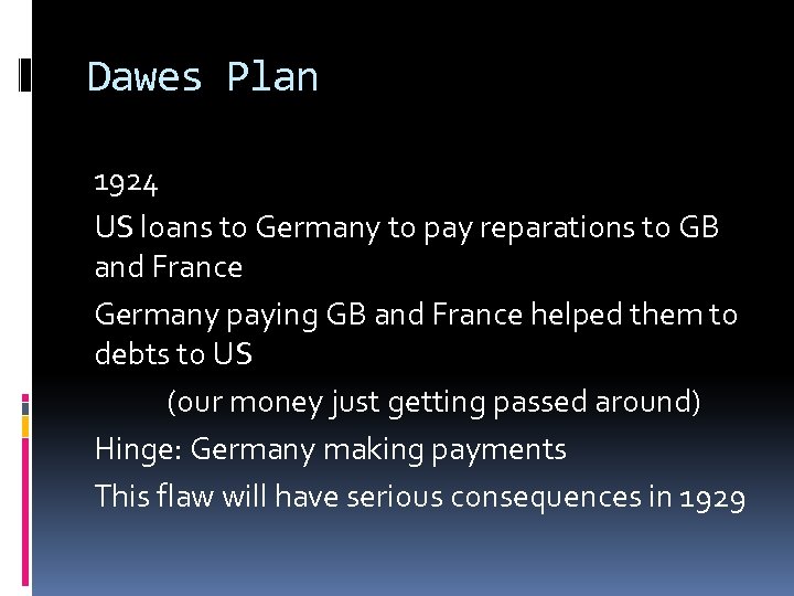 Dawes Plan 1924 US loans to Germany to pay reparations to GB and France