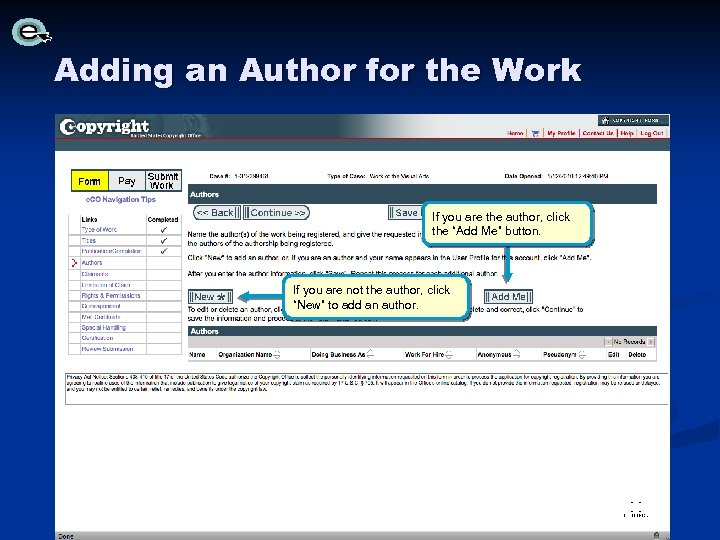 Adding an Author for the Work If you are the author, click the “Add