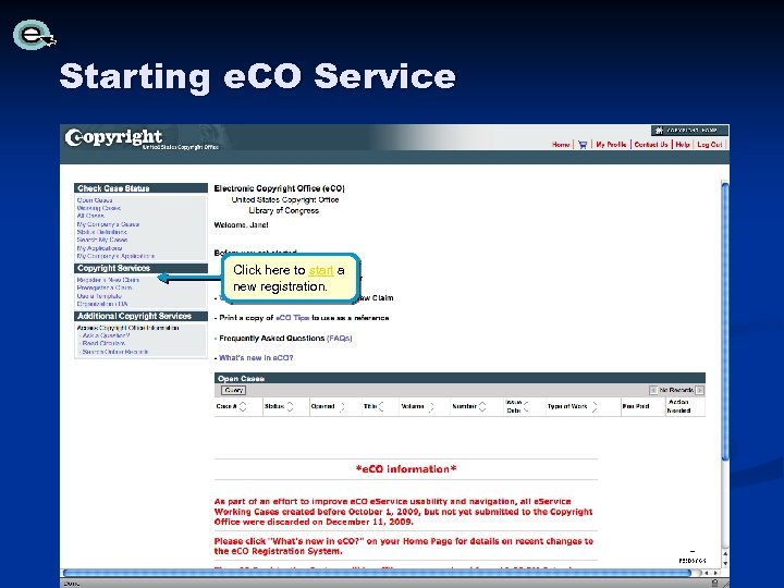 Starting e. CO Service Click here to start a new registration. 
